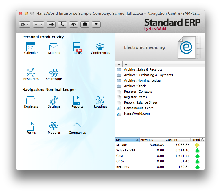 Main window of Standard ERP system